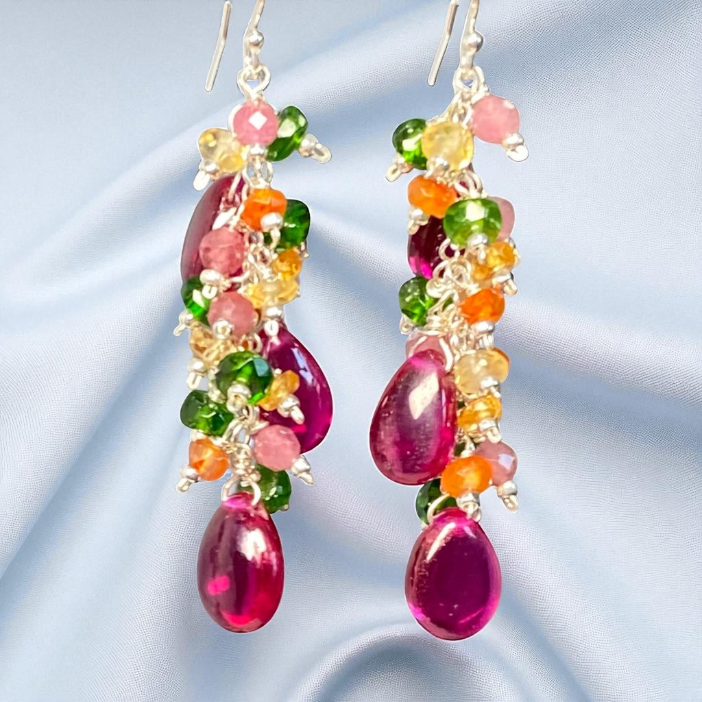 Rubellite Multi Gemstone Long Dangle Earrings Sterling Silver