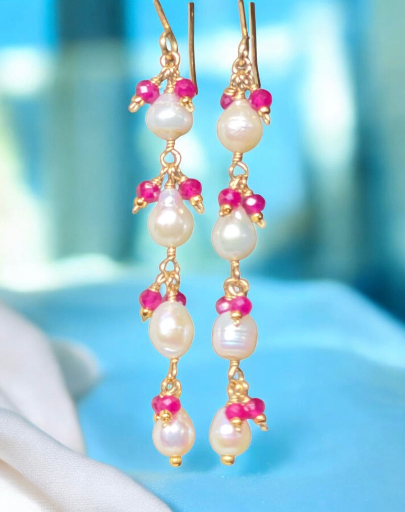Ruby and Pearl Long Dainty Earrings Gold Fill