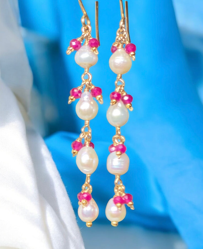 Ruby and Pearl Long Dainty Earrings Gold Fill
