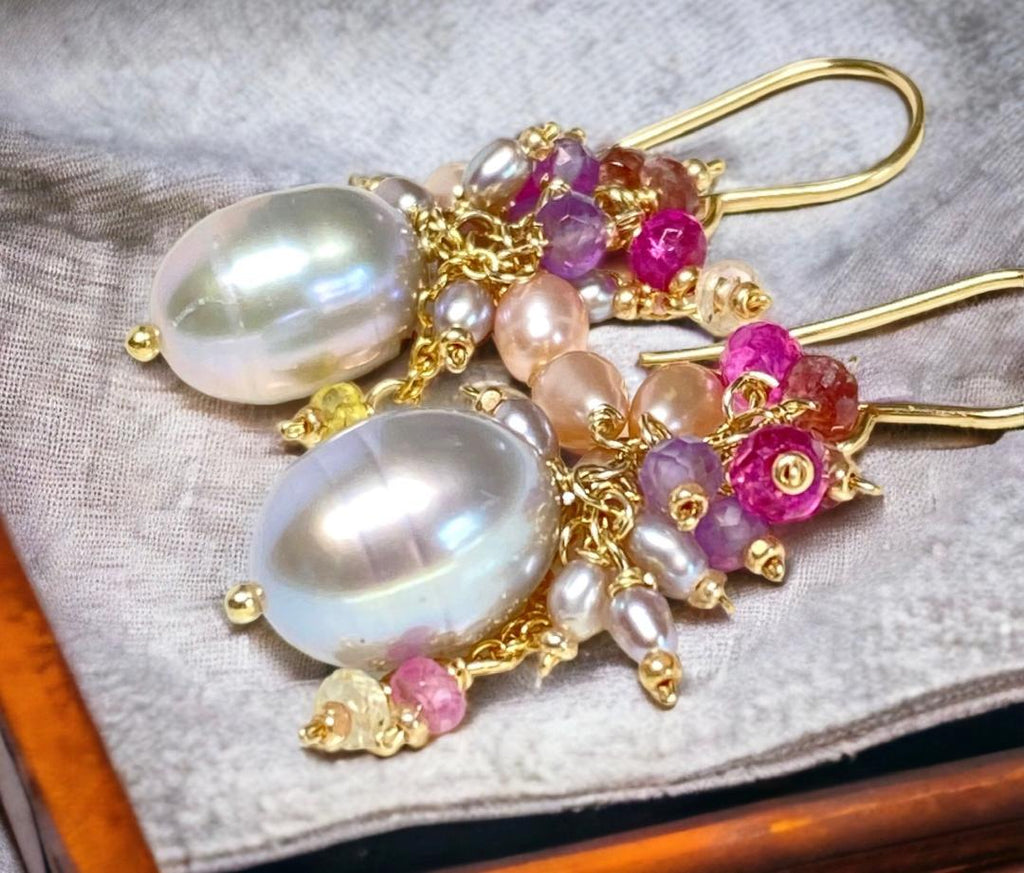 Silver Gray Pearl Earring with Gemstone Clusters