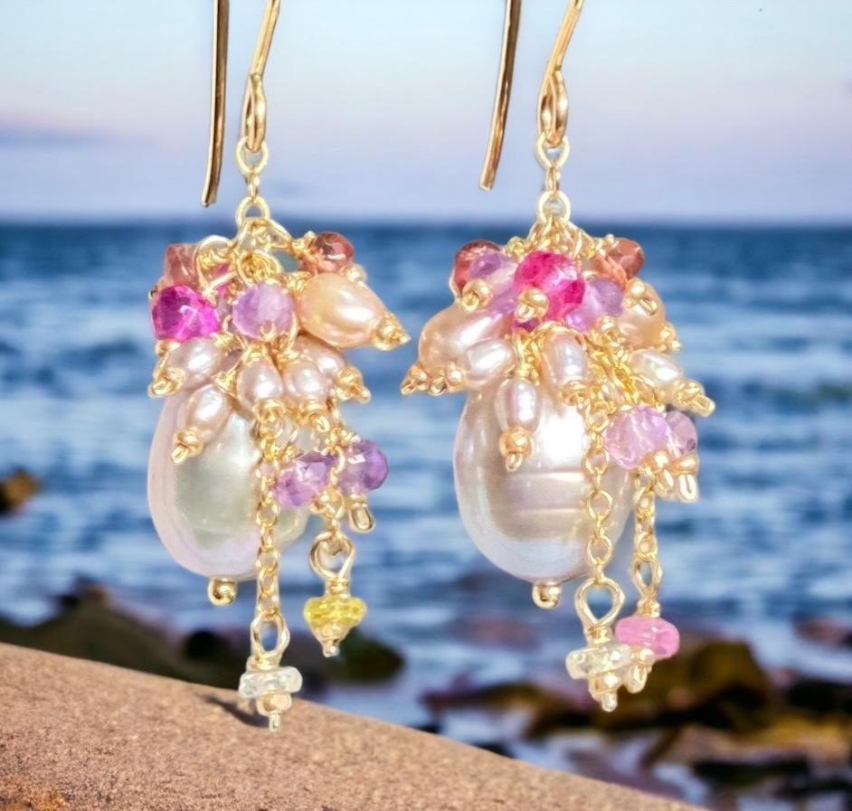 Silver Gray Pearl Earring with Gemstone Clusters