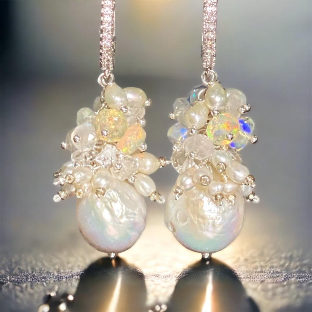 handmade bridal wedding earrings with white lustrous baroque pearls and cascading clusters of tiny pearls and gemstones