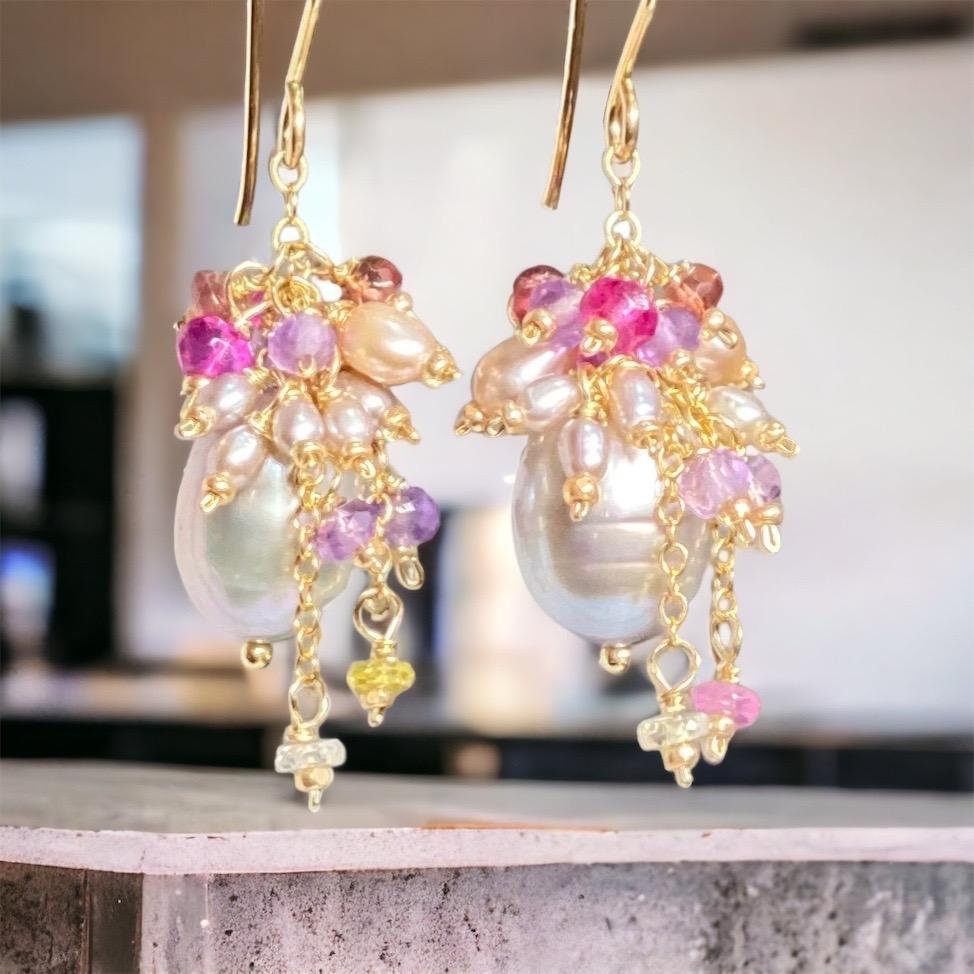 Silver Gray Pearl Earring with Gemstone Clusters