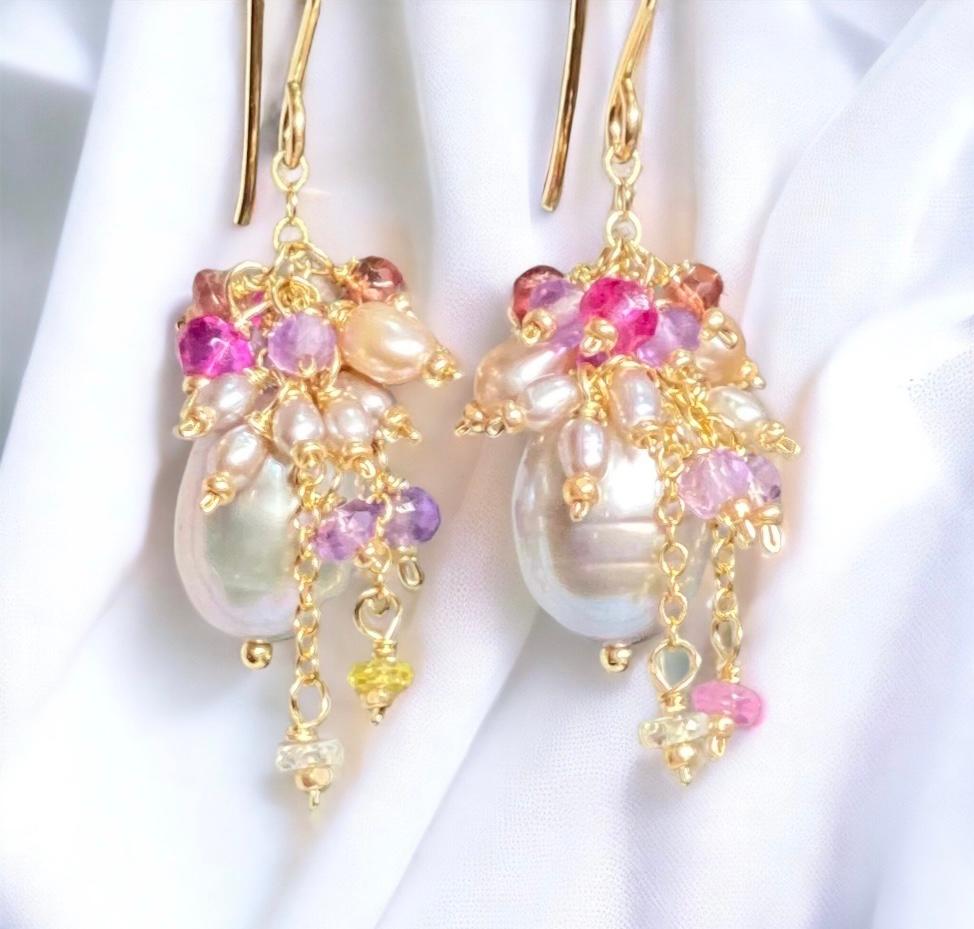 Silver Gray Pearl Earring with Gemstone Clusters