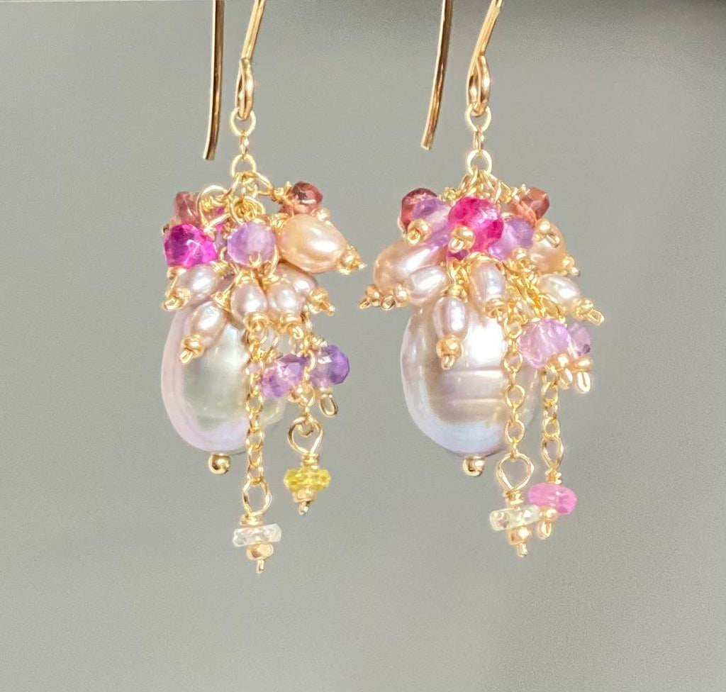 Silver Gray Pearl Earring with Gemstone Clusters