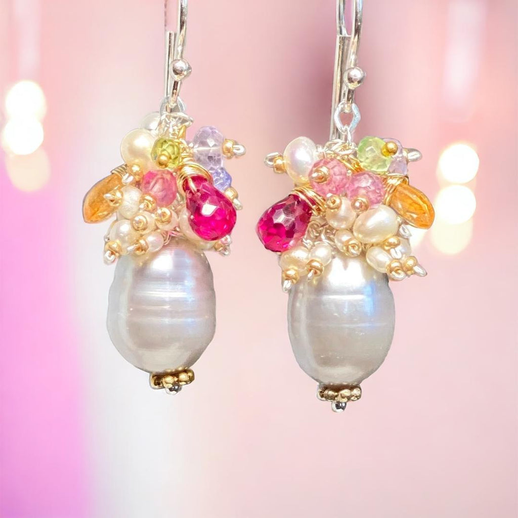 Silver Gray Platinum Baroque Pearl Gemstone Cluster Earrings Mixed Metal