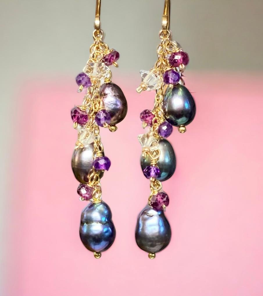 Peacock Edison Pearl Dainty Dangle Earrings with Amethyst, Garnet, Herkimer Diamonds