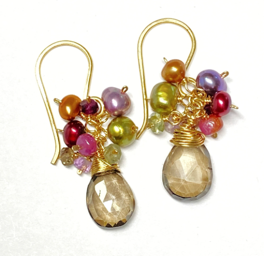 Mystic Smokey Quartz and Pearl and Gem Dangle Cluster Earrings in Gold Fill