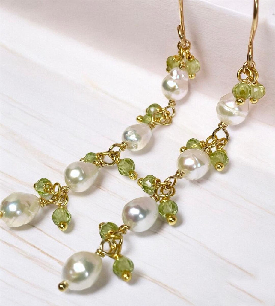 Peridot and Pearl Long Dainty Earrings Gold Fill - 3 PEARLS OPTION