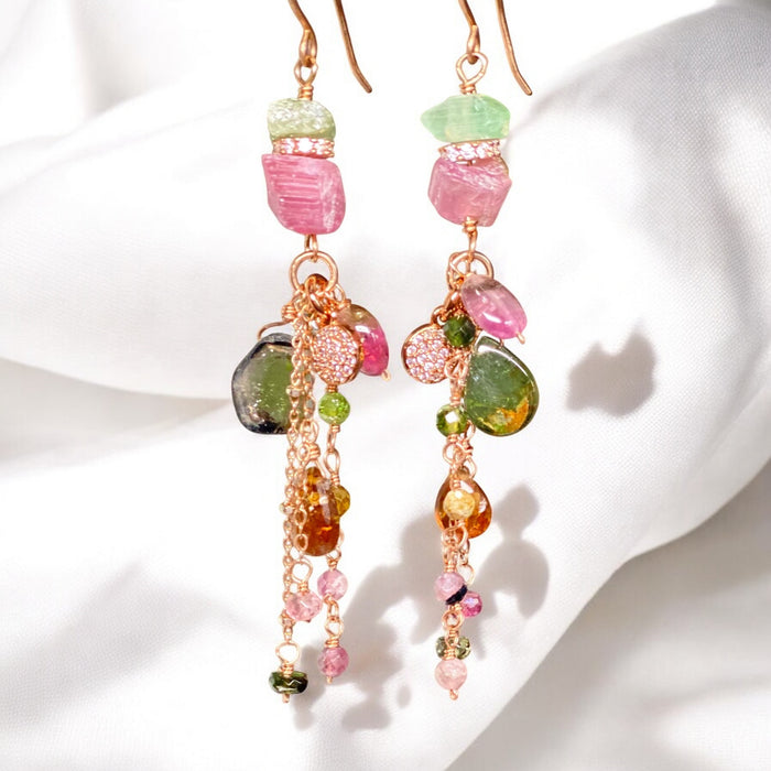 Tourmaline Dangle Earrings Rose Gold Pink Green Watermelon