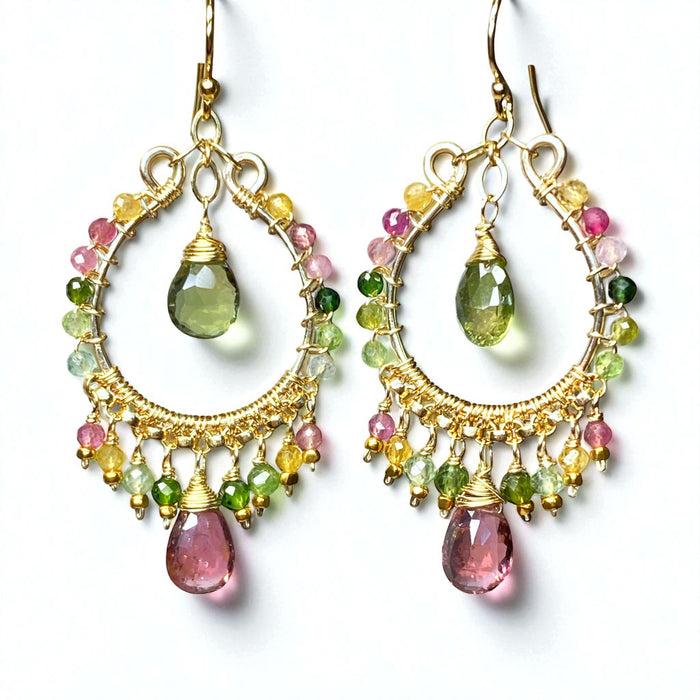 Tourmaline Gemstone Chandelier Hoop Earrings Gold Fill 2