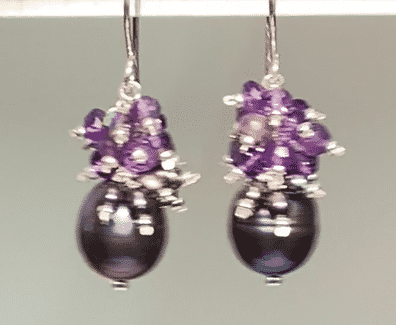 Peacock Pearl Earrings with Amethyst Gemstone Clusters in Sterling Silver