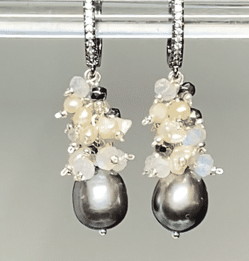 Black Grey Pearl Earrings with Moonstone Keishi Pearl and Black Sparkly Clusters