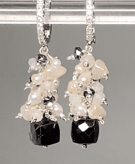 Black Spinel, Pearl and Moonstone Cluster Earrings