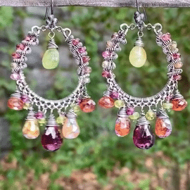 Multi-color Garnet Chandelier Hoop Earrings Coiled Oxidized Sterling Silver