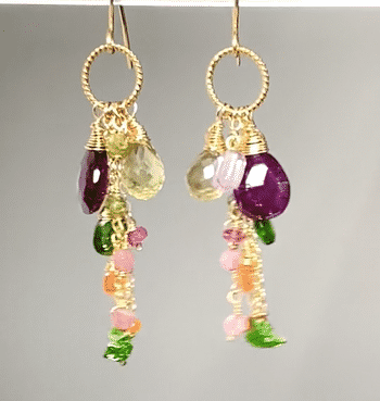 Multicolor Gemstone Gold Dangle Earrings Rhodolite Garnet, Lemon Quartz