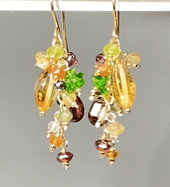 Citrine Dangle Earrings with Multi Gemstone Cluster, Garnet, Opal, Chrome Diopside