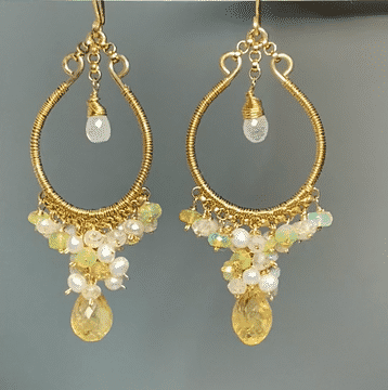 Citrine Gold Fill Hoops with Opal Pearl Moonstone Clusters