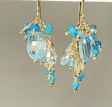 Blue Topaz Dangle Earrings with Multi Gemstone Cluster, Opal, Apatite, Herkimer Diamonds