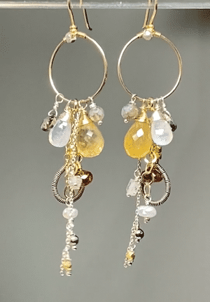 Citrine Gemstone Dangle Tassel Gold Hoop Earring