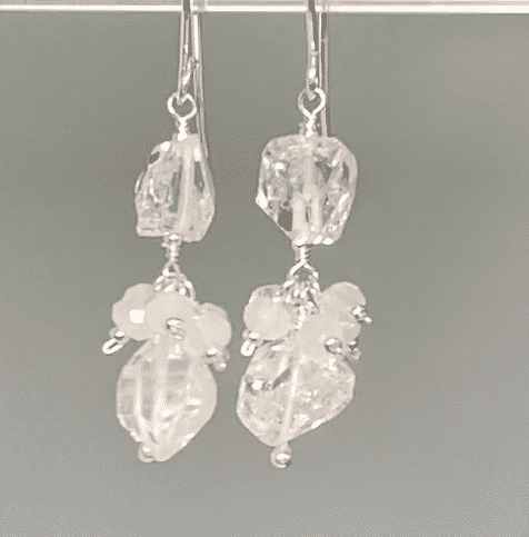 Herkimer Diamond Crystal Quartz, Moonstone and Gold Dangle Earrings