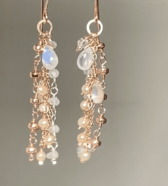 Rose Gold Dainty Moonstone, Pearl Romantic Boho Dangle Earrings