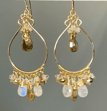 Rainbow Moonstone Gold Chandelier Hoop Earrings Herkimer Diamond