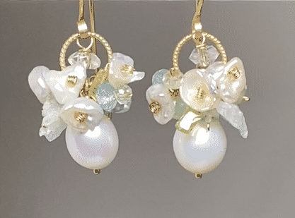 Ivory Baroque Pearl Earrings Clusters of Aquamarine, Peridot, Herkimer Diamond Quartz
