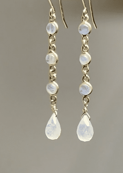 Rainbow Moonstone Teardrop Triple Dangle Earrings Gold Fill
