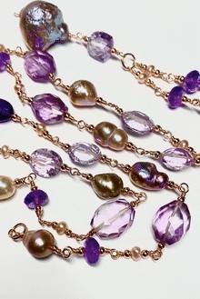 Long Amethyst Gem Stone and Baroque Pearl Necklace in Rose Gold