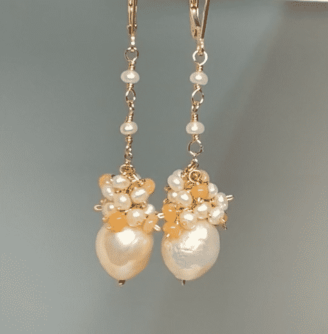 Blush Pearl Opal Cluster Long Earrings, Rose Gold, Sterling Silver, 14 kt Gold Fill