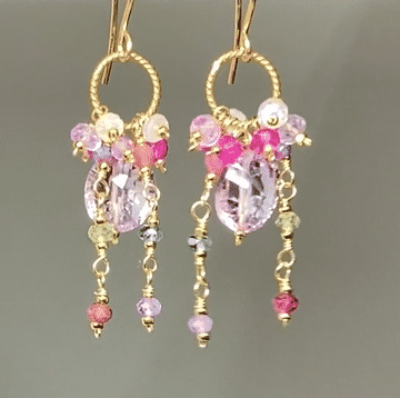 Pink Amethyst, Pink Quartz and Colorful Gem Dangle Earrings Gold Fill