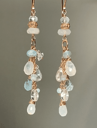 Rose Gold Rainbow Moonstone and Blue Gem Dangle Earrings