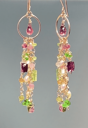 Rubellite Tourmaline Multicolor Gemstone Long Boho Dangle Earrings Rose Gold