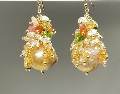 Gold and White Baroque Pearl and Gemstone Cluster Earrings, Pond-slime