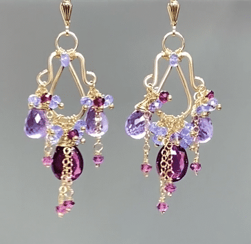 Garnet Amethyst Tanzanite Gold Multicolor Chandelier Earrings