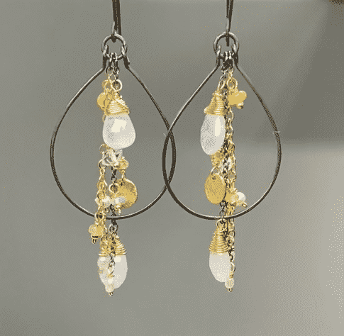 Rainbow Moonstone, Opal, Pearl Mixed Metal Hoops, Black and Gold