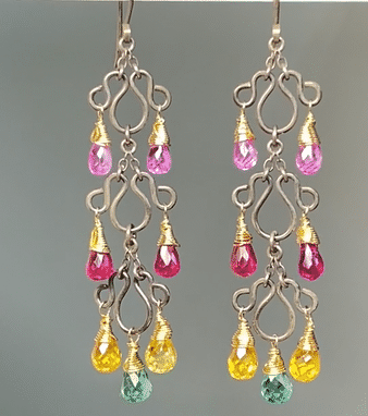 Multi-color Long Chandelier Earrings Oxidized Silver Colorful Corundum Quartz