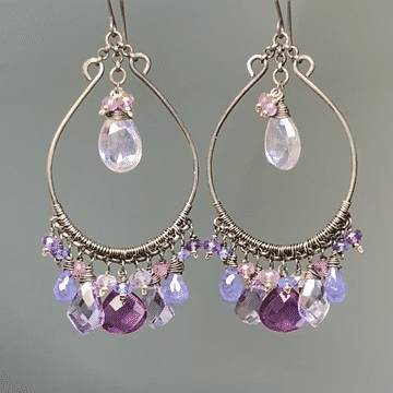 Blue Violet Statement Chandelier Hoop Earrings, Oxidized Silver