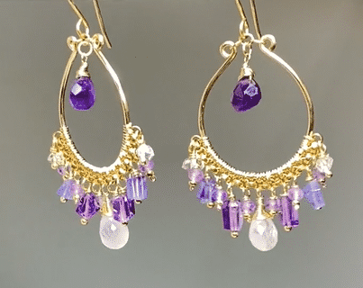 Blue Violet Purple Gold Fill Hoop Chandelier Earrings with Moonstone