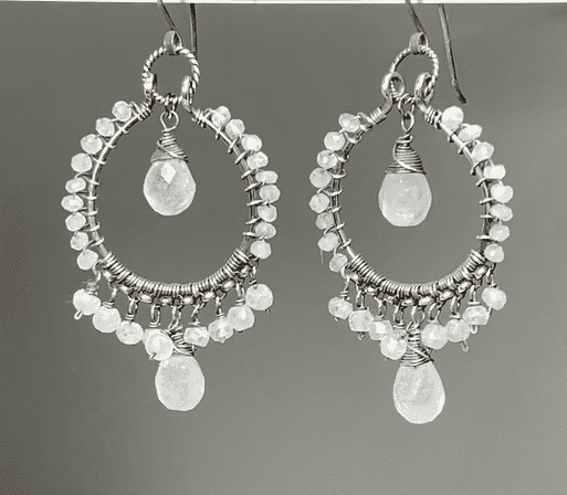 Rainbow Moonstone Oxidized Sterling Silver Hoop Earrings