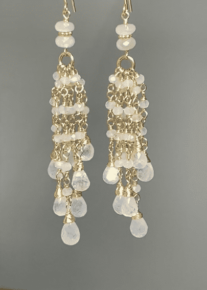 Rainbow Moonstone Tassel Earrings Gold