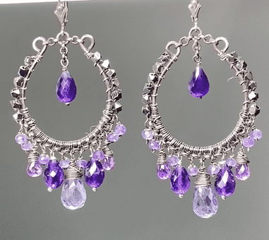 Boho Hoop Earrings Oxidized Sterling Silver Blue Violet Gemstones