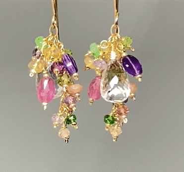 Crystal Quartz Dangle Earrings with Multi Gemstone Cluster in Gold Fill, 12