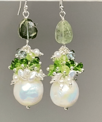 Baroque Edison Pearl and Green Gemstone and Tourmaline Cluster Earrings