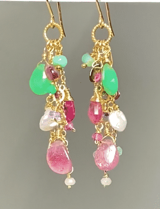 Gem dangle earrings with chyrsoprase, pink tourmaline slice, watermelon tourmaline slices and more on 14 kt gold filled wires and chains