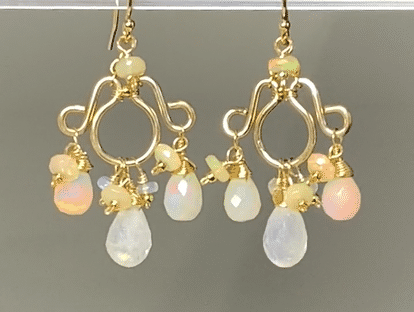 Ethiopian Opal and Moonstone Gemstone Chandelier Earrings Statement Gold Fill