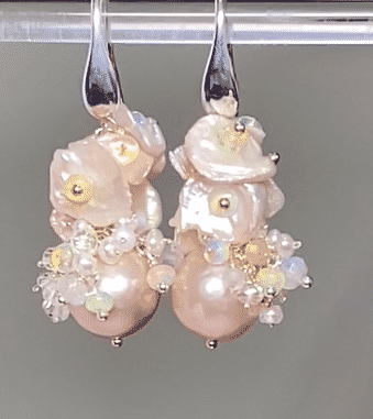 Pink Pearl Blush Keishi and Opal Cluster Earrings in Sterling Silver