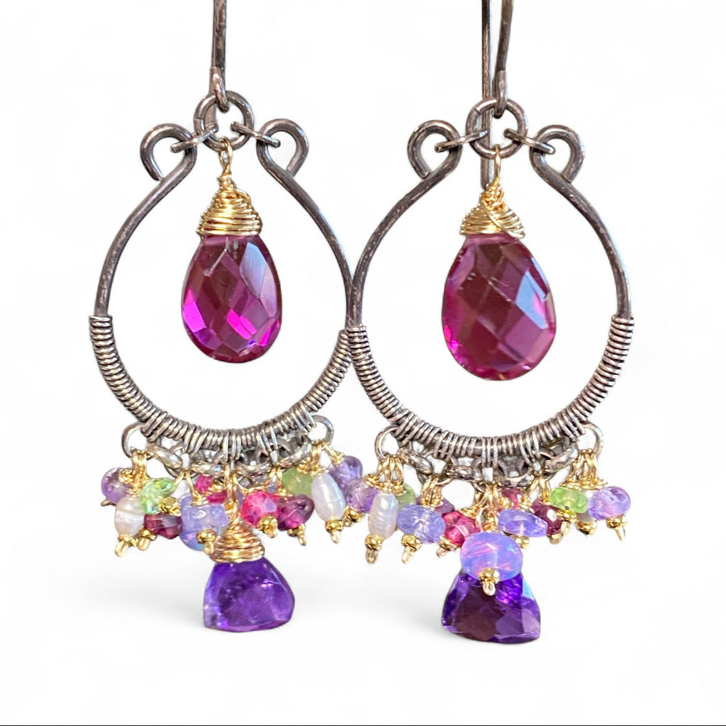 Blue Violet, Amethyst Trillion Gemstones Hoop Chandelier Earrings