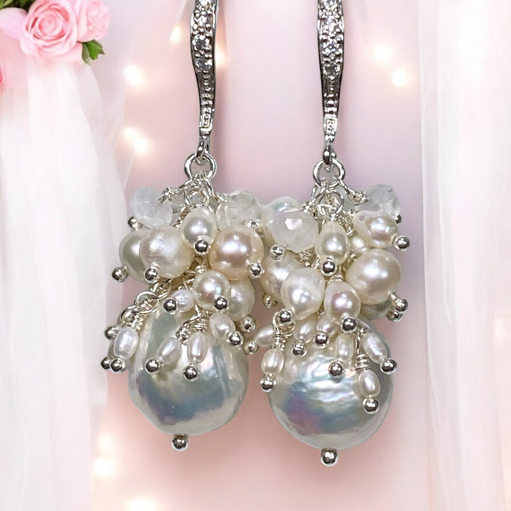 White Edison Pearl Cluster Earrings with Moonstone in Sterling Silver